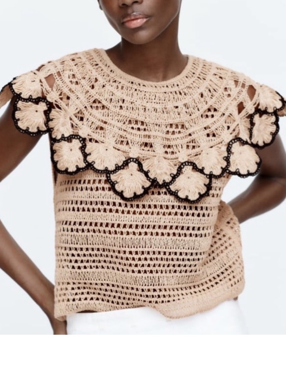 Zara Knit Peter Pan Collar Top featuring an open-knit crochet texture NWOT